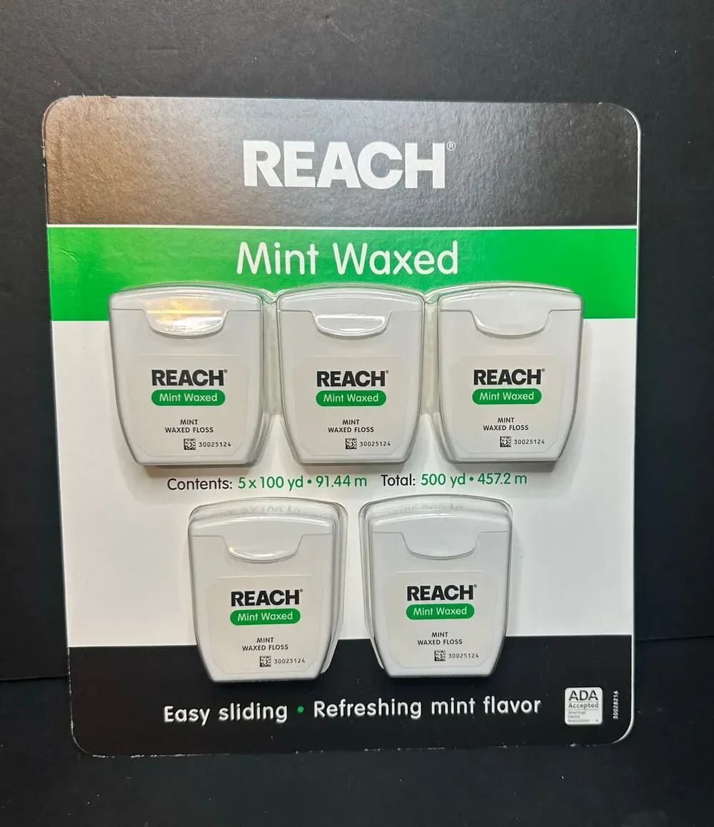 REACH Mint Waxed Dental Floss 5 Pack 500 Yards Total 100 yd Each